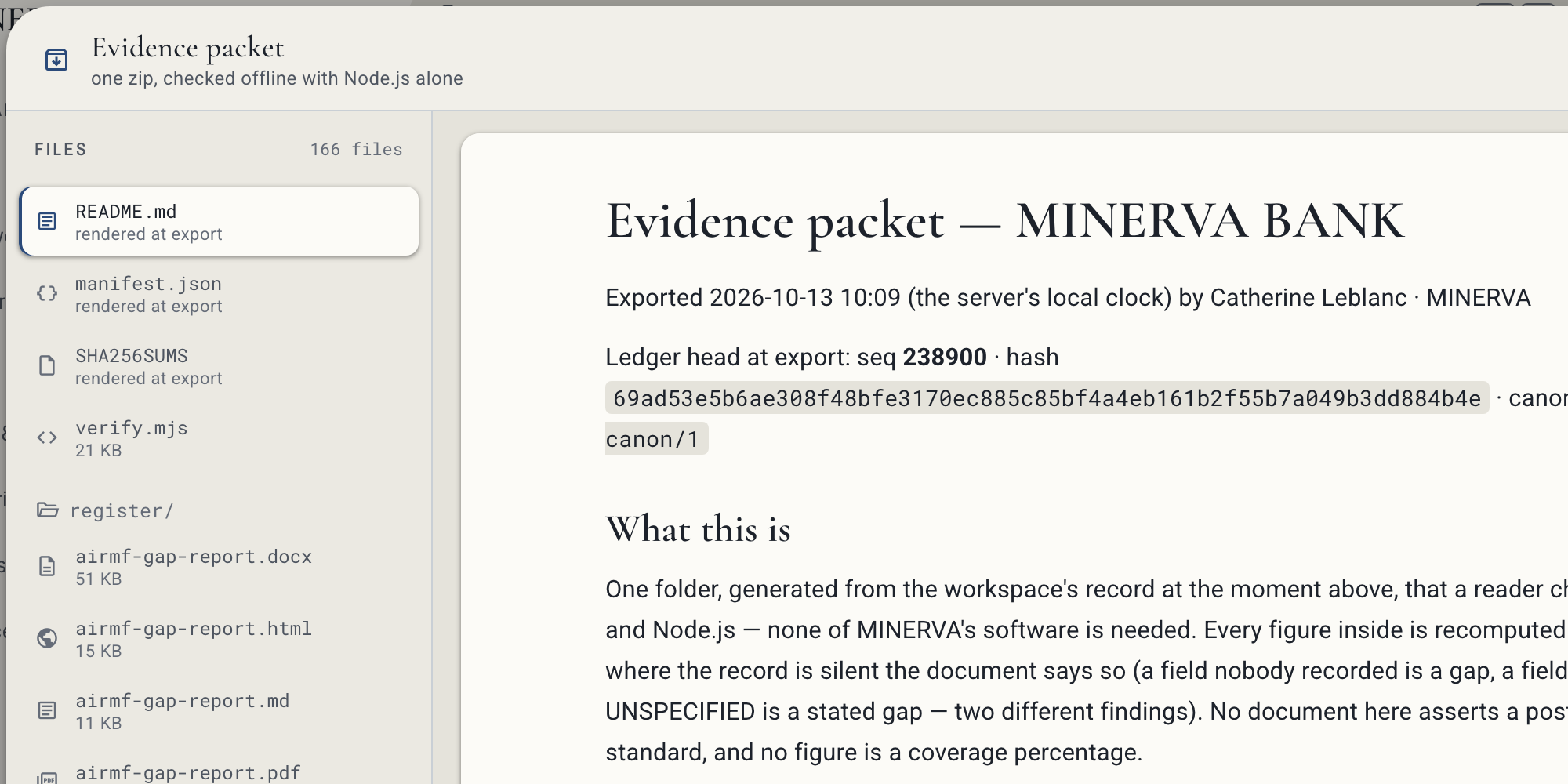 The evidence packet preview: the files it holds down the left, the README, the ledger, the receipts, the registers, the dossiers, the binders and verify.mjs; the README open in the middle saying what the packet is and what is inside; Download at the foot.