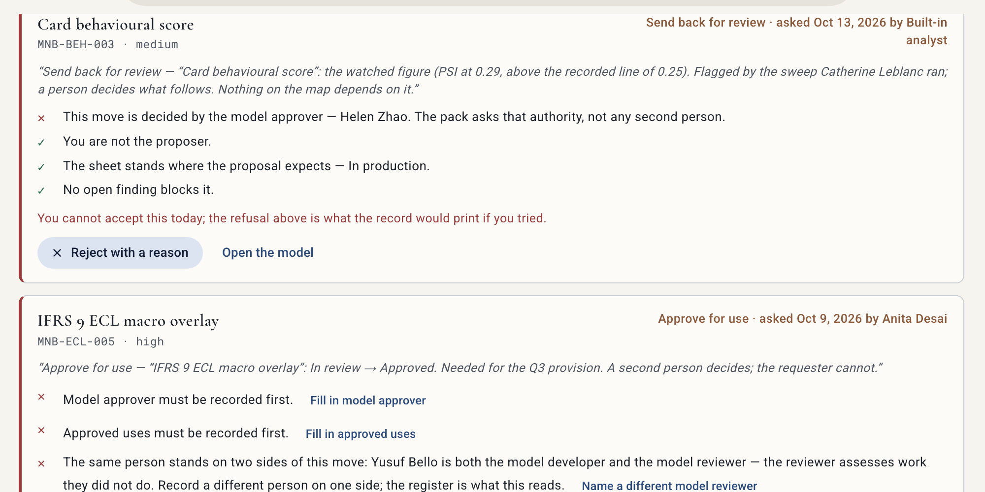 The review page with the sweep's proposal at its head: the built-in analyst asks to send the Card behavioural score back for review, the watched figure and the line it crossed printed in the note, and the owner's one door, Reject with a reason.